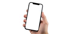 Hand holding modern smartphone with blank white screen isolated on white background for app presentation and mobile interface mockup design.