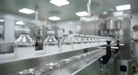 Clear glass bottles moving on automated conveyor belt in modern pharmaceutical manufacturing facility with sterile production environment.
