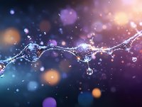 Splashing water droplets creating an elegant arc against dark background with purple and orange bokeh lights, frozen motion photography with crystal clarity.
