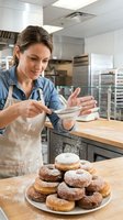 Professional female baker dusting powdered sugar on fresh donuts in commercial kitchen wearing apron and denim shirt smiling while working.