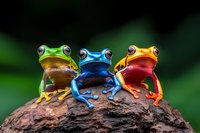 Three colorful tree frogs sitting together on wooden log against dark background, green, blue and orange amphibians with big eyes in tropical setting.