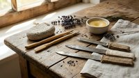 Rustic wooden table with natural spa tools, lavender sprigs, pumice stone, knives with burlap handles, and a bowl of balm in warm light.