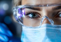 Close up of medical professional wearing protective goggles and surgical mask, with intense blue eyes and focused gaze, against blurred blue background.