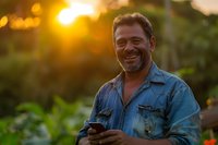 Middle-aged Caucasian man in denim shirt laughing while looking at smartphone outdoors during golden hour sunset, natural genuine emotion and warm lighting.