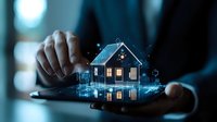 Digital hologram of glowing house model floating above businessman hands with futuristic interface elements and data visualization in dark office setting.