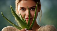 Young woman with intense gaze holding aloe vera plant, showcasing natural skincare ingredients against blurred green background.