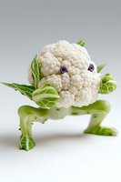 Creative food art featuring cauliflower head with grape eyes and lettuce legs arranged to look like playful creature on white background. Great for healthy eating blogs.