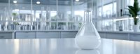 Glass laboratory flask containing white liquid or chemical solution on table in modern bright research facility with blurred scientific equipment background.