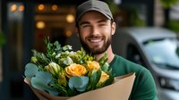 Smiling bearded florist in green uniform and cap holding fresh bouquet with yellow roses and eucalyptus wrapped in craft paper, delivering flowers to customers.