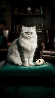 Fluffy white and gray long-haired cat with striking green eyes sitting on emerald velvet cushion in luxurious library setting with leather furniture and wooden shelves.