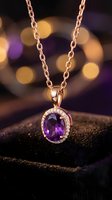 Rose gold chain necklace with oval purple amethyst gemstone pendant surrounded by sparkling diamonds on dark textured surface with bokeh lighting.
