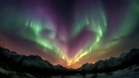 Spectacular aurora borealis forming heart shape over mountain range at night, vibrant green and purple lights dancing in dark sky.