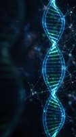 Digital DNA double helix structure with glowing blue and green genetic code sequences on dark cosmic background for biotechnology research.
