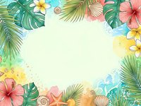 Tropical summer frame with hibiscus flowers, palm leaves and seashells on watercolor background for vacation designs and greeting cards.