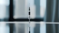 Medical syringe with needle on reflective surface against blurred background, dramatic lighting creates professional healthcare atmosphere.