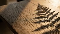 Fern leaf shadow cast on wooden surface in warm sunlight, creating natural botanical pattern for design and nature-themed projects.