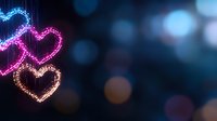 Glowing neon hearts in blue, pink and gold colors against dark bokeh background create romantic atmosphere for Valentine's day cards and love designs.