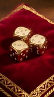 Three gold dice with crystal embellishments rest on luxurious crimson velvet with gold trim, showcasing gaming and gambling concepts for entertainment and chance-related designs.