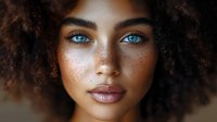 Young African American woman with natural curly afro hair, striking blue eyes and freckles looking directly at camera in artistic beauty portrait.