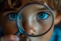 Young girl with freckles and blue eyes looking through magnifying glass for educational science exploration and discovery learning activities.