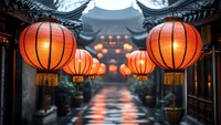Traditional red paper lanterns glowing warmly in evening rain along ancient temple corridor, creating atmospheric perspective with soft bokeh lights in background.