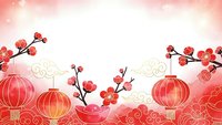 Chinese New Year background with red lanterns and cherry blossom branches on pink gradient backdrop with golden decorative elements and sparkles.