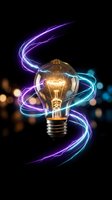 Glowing light bulb surrounded by swirling purple and blue energy trails on dark background representing innovation and creative thinking for business concepts.