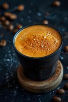 Fresh espresso with golden crema in black ceramic cup on wooden coaster, surrounded by scattered coffee beans against dark background with bokeh effect.