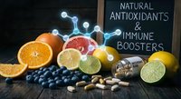 Fresh citrus fruits, berries and supplements with molecular structure display promoting natural antioxidants and immune system health on dark background.
