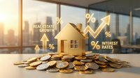 Golden house model surrounded by coins with upward arrows and percentage symbols on cityscape background, representing real estate growth and interest rates for investment and financial planning concepts.