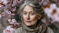 Mature woman with gray hair and scarf standing near blooming cherry tree branches in spring garden setting for lifestyle and wellness concepts.