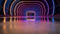 Futuristic neon tunnel with glowing purple and orange light rings creating infinite perspective corridor with reflective floor for sci-fi backgrounds.