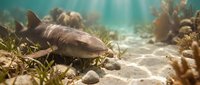 Nurse shark resting on sandy ocean floor among coral reef and seagrass in tropical marine environment with sunlight filtering through clear blue water.