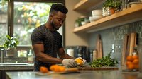 Young African American man in athletic wear preparing healthy food in modern kitchen with fresh oranges and green vegetables on wooden cutting board.