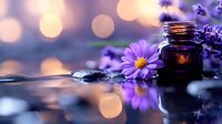 Purple daisy flower next to dark glass bottle with essential oil on reflective surface, soft bokeh lights creating dreamy atmosphere for wellness spa concept.