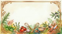 Vintage cooking frame with fresh vegetables, herbs, and ornamental gold border on cream background, isolated for recipe cards, menus, and culinary designs.