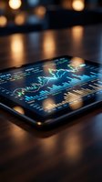 Digital tablet displaying financial charts and stock market data with glowing interface on dark surface with bokeh lights for trading analysis.