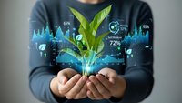 Businessman holding green plant with digital environmental data analytics and sustainability metrics holographic interface for eco technology concepts.