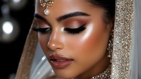 South Asian bride wearing traditional bridal jewelry and makeup with glowing highlighter, smokey eyes, and pearl maang tikka against dark background with bokeh lights.