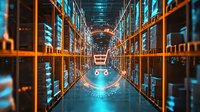 Modern warehouse interior with glowing blue lights and orange storage racks creating futuristic perspective tunnel effect, shopping cart silhouette in center for e-commerce concept.