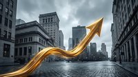 Golden upward arrow glowing in urban street symbolizing business growth, financial success, and market expansion. Corporate concept for investment returns and economic progress.