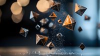 Floating geometric crystal pyramids with glowing orange bokeh lights and sparkles on dark blue background, dynamic composition for luxury design projects.