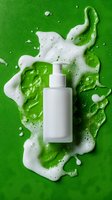 White pump bottle with foamy gel and liquid splashes on vibrant green background. Skincare, cosmetics, and beauty product packaging mockup for advertising and branding purposes.