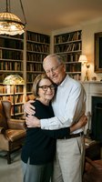 Happy senior Caucasian couple embracing in cozy home library with built-in bookshelves and warm lighting for retirement lifestyle content.