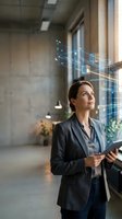 Professional businesswoman using tablet with digital network hologram in modern office space for technology presentations and corporate communications.