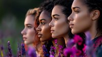 Diverse group of young women with varying skin tones and hairstyles posing among vibrant purple flowers in natural outdoor setting, suitable for beauty, wellness, diversity and lifestyle marketing campaigns.