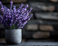 Fresh lavender flowers in modern ceramic vase on rustic wooden surface with blurred background for home decor and aromatherapy concepts.