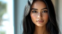 Young Asian woman with long dark hair and natural makeup smiling softly against blurred background, professional portrait highlighting radiant complexion and gentle expression.