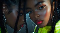 Young African American woman with bright red lipstick and glowing makeup reflected in mirror, wearing neon yellow collar. Creative beauty portrait with dramatic lighting.