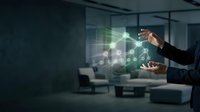 Businessman hands presenting holographic growth chart with upward arrow in modern office environment for business success and financial analytics presentations.